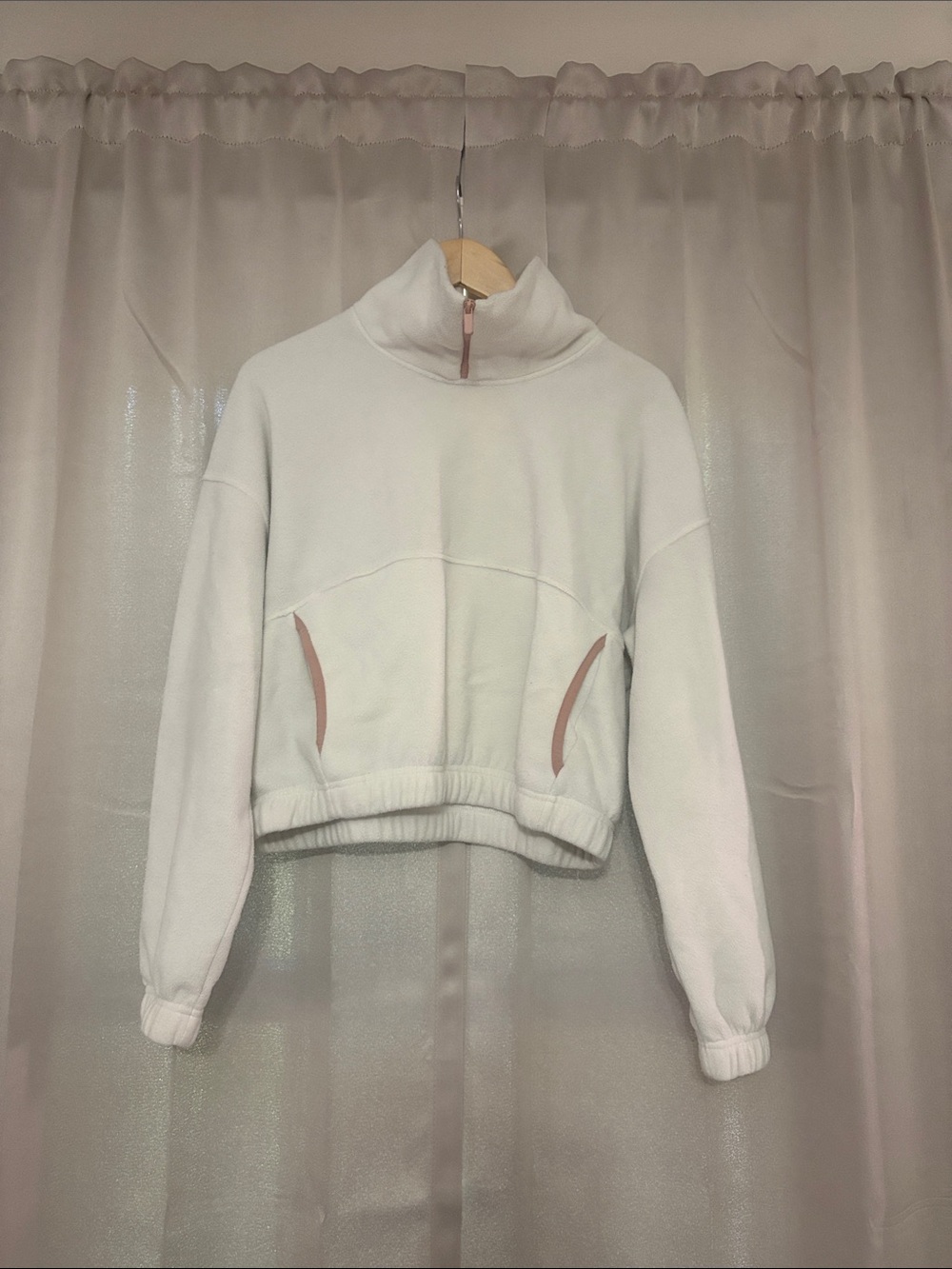 Old Navy White Cropped Quarter-Zip Sweatshirt with Pink Trim